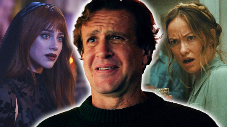 Jason Segel in Over Your Dead body surrounded by Lili Reinhart in Forbidden Fruits and Olivia Wilde in The Invite in a composite image