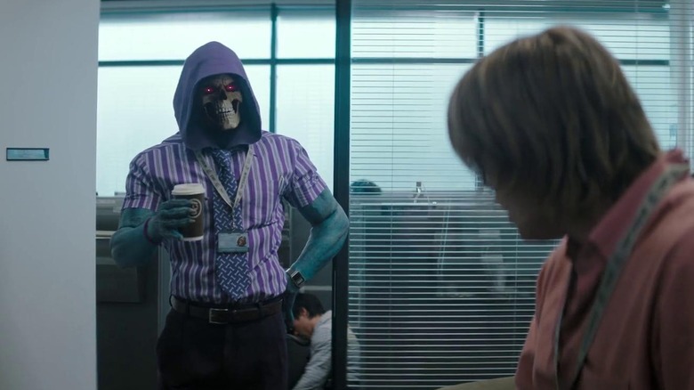 Skeletor in office holding coffee mug in Masters of the Universe (2026)