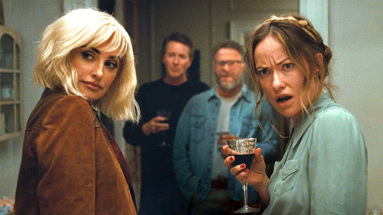 Pina (Penélope Cruz), Hawk (Edward Norton), Joe (Seth Rogen), and Angela (Olivia Wilde) are in shock during The Invite