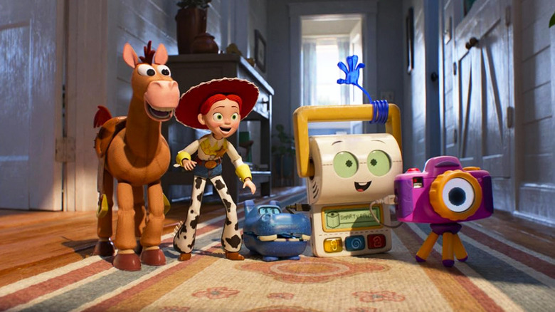 Bullseye, Jessie, Atlas, Smarty Pants, and Snappy excited in the hallway in Toy Story 5