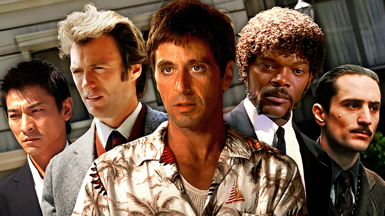 A collage of Lau Kin-ming (Andy Lau) in Infernal Affairs, Harry Callahan (Clint Eastwood) in Dirty Harry, Tony Montana (Al Pacino) in Scarface (1983), Jules Winnfield (Samuel L. Jackson) in Pulp Fiction, and Vito Corleone (Robert De Niro) in The Godfather Part II