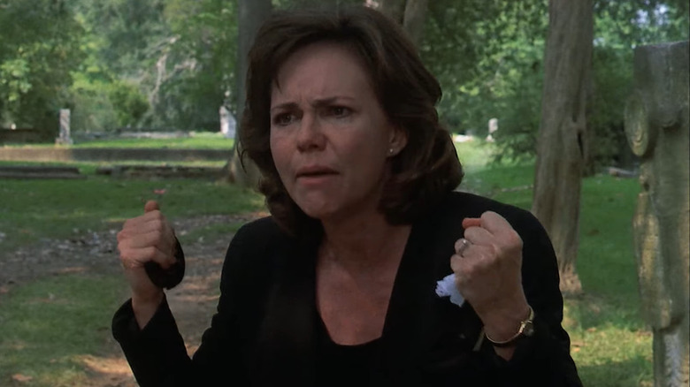 Sally Field as M'Lynn in all black clenching fists in anger in Steel Magnolias