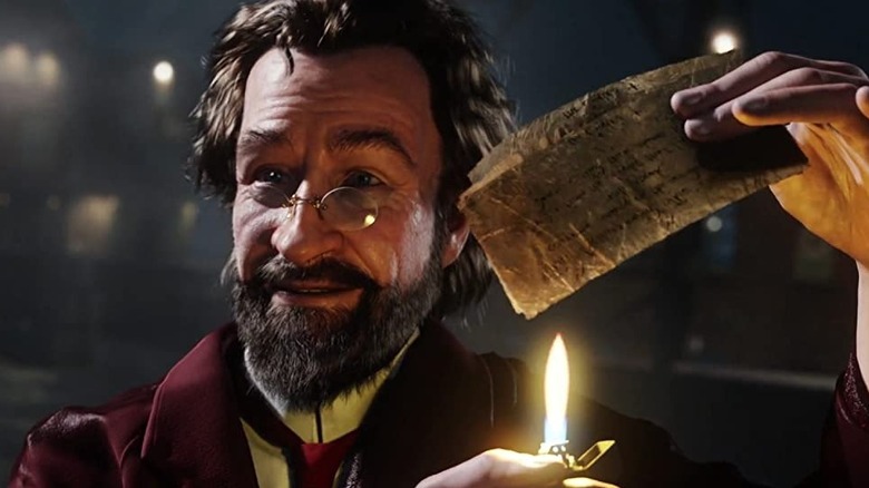Sakharine in The Adventures of Tintin setting paper on fire