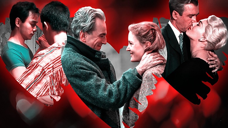 Leslie Cheung as Ho Po-Wing and Tony Leung Chiu-Wai as Lai Yiu-Fai in Happy Together, Daniel Day-Lewis as Reynolds Woodcock and Vicky Krieps as Alma Elson in Phantom Thread, and James Stewart as John "Scottie" Ferguson and Kim Novak as Madeleine Elster in Vertigo