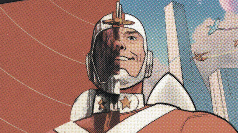 A photo of Adam Strange, half covered by graffiti
