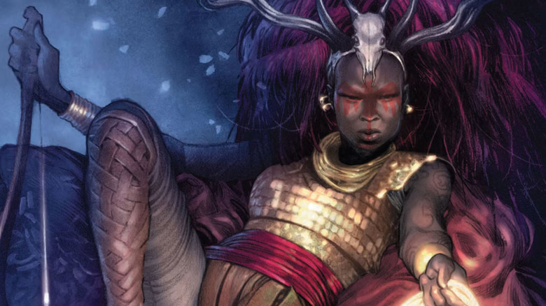 An amazonian sitting on a throne