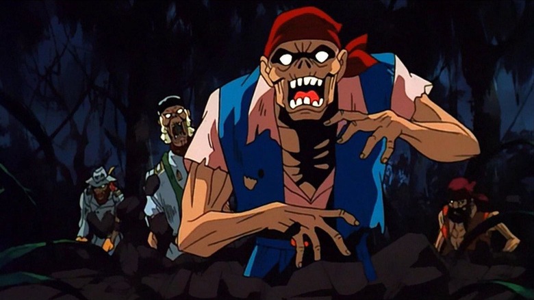 Four cartoon zombies walking forward with dark background in Scooby-Doo on Zombie Island