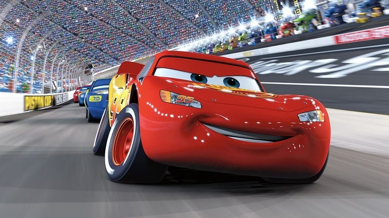 Lightning McQueen (Owen Wilson) outraces his rivals on the track in Cars