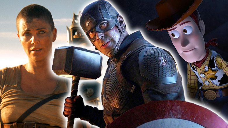 Chris Evans as Captain America in Avengers: Endgame, Woody in Toy Story 4, and Charlize Theron as Furiosa in Mad Max: Fury Road in a composite image