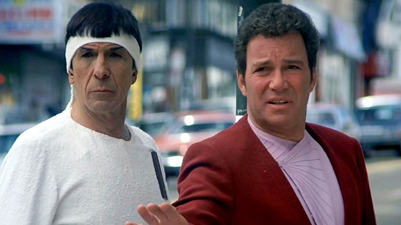 Leonard Nimoy as Spock and William Shatner as James Kirk standing together in Star Trek IV: The Voyage Home
