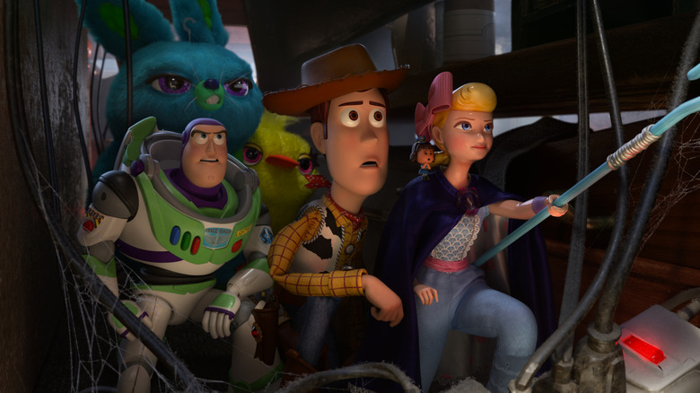 Bo Peep leads Buzz, Woody, and other toys through some electric cables in Toy Story 4
