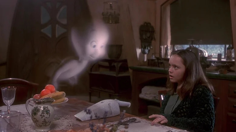 White floating ghost Casper hovering near Christina Riccci as Kat in Casper