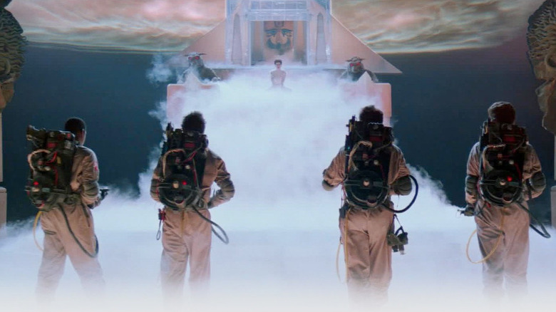 Harold Ramis, Dan Aykroyd, Bill Murray, and Ernie Hudson confronting Gozer in a spiritual temple in Ghostbusters