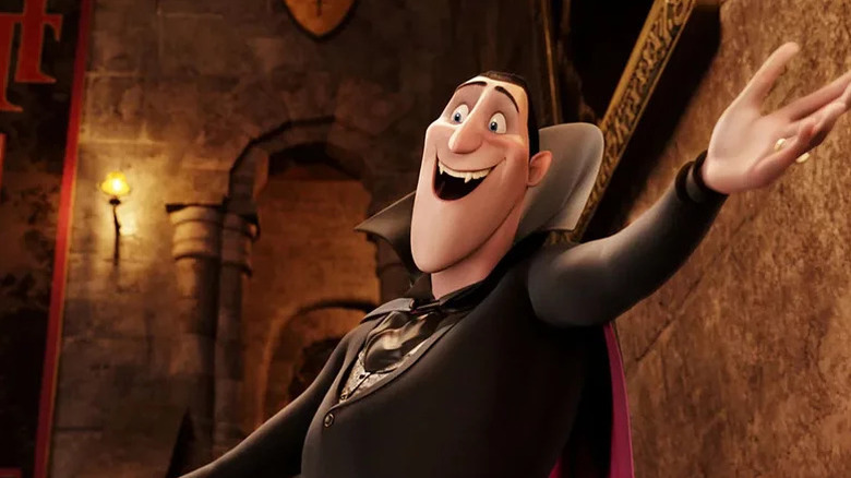 Animated, smiling Count Dracula with welcoming arm out in Hotel Transylvania