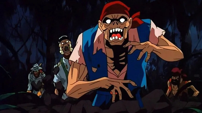 Animated zombie pirate with three other zombie figures behind him in Scooby-Doo on Zombie Island
