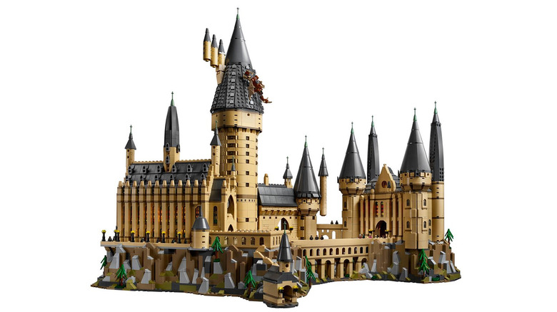 The LEGO Hogwarts Castle against a black background