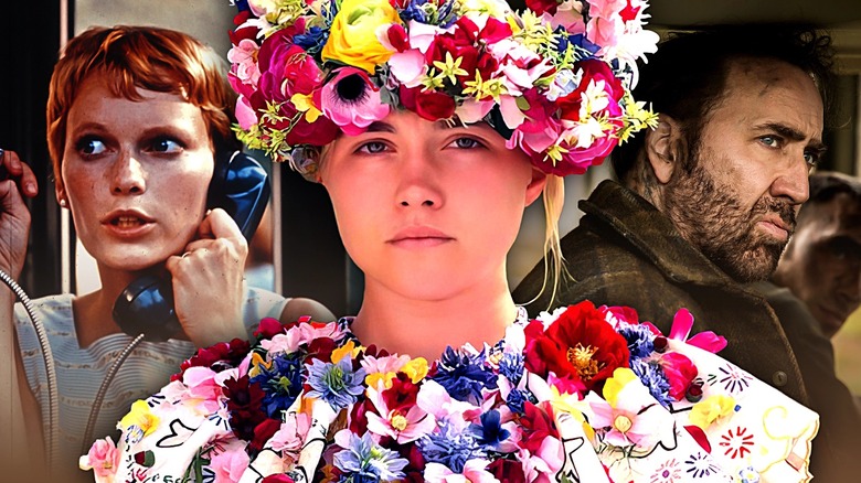 Mia Farrow as Rosemary in Rosemary's Baby, Florence Pugh as Dani in Midsommar, and Nicolas Cage as Red Miller in Mandy