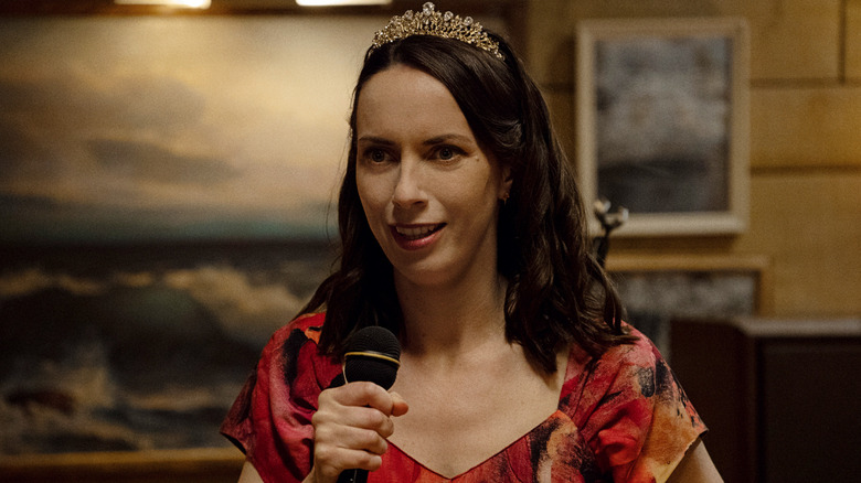 Patricia (Kate O'Flynn) gives a speech in Widow's Bay