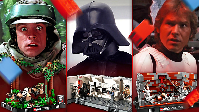 Images of Mark Hamill as Luke Skywalker, Darth Vader, and Harrison Ford as Han Solo, edited together with images of LEGO sets based on scenes from the STAR WARS films
