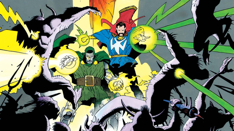 Mephisto watching Doctor Strange and Doctor Doom use magic against demons in the Triumph & Torment comic cover