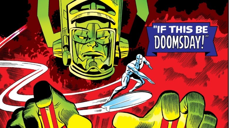 Johnny Storm, Sue Storm, Reed Richards, and the Thing avoiding Galactus' hands in a Fantastic Four comic cover