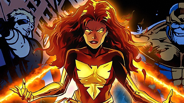 Dark Phoenix looking intense, with other characters in action in the background