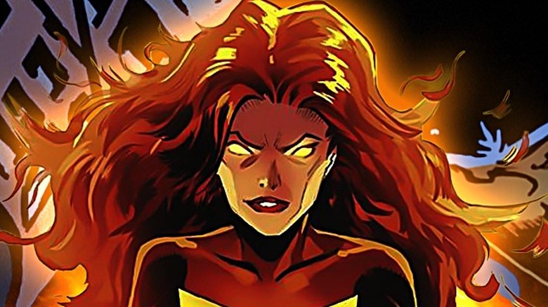 Dark Phoenix looking intense, with other characters in action in the background