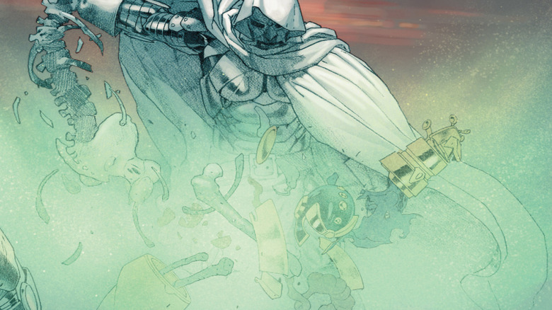 God Emperor Doom holding Thanos' skeleton in Hickman's Secret Wars comic