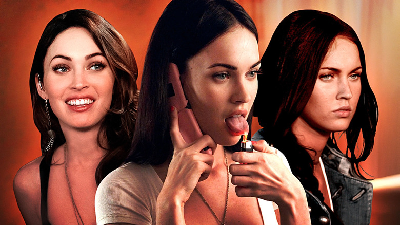 Composite image of smiling Megan Fox as Desi in This is 40, as Jennifer burning her tongue with a lighter in Jennifer's Body, and as Mikaela making a pensive face in 