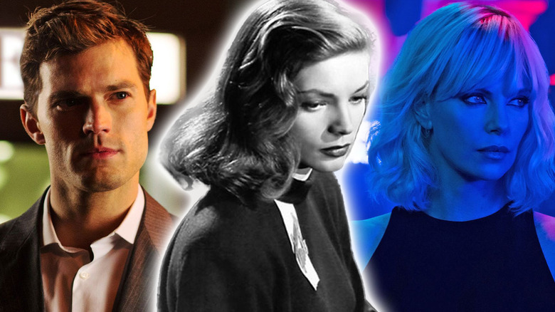 Images of Jamie Dornan, Lauren Bacall, and Charlie Theron in their respective films edited together.
