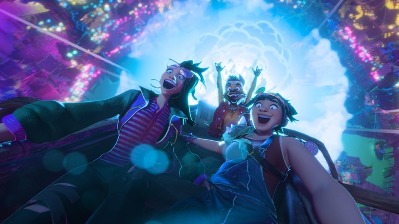 H.E.R. as the voice of Jo traveling through the air on a vehicle with Liza Soberano as the voice of Raissa and Dave Franco as the voice of Raww in Forgotten Dreams