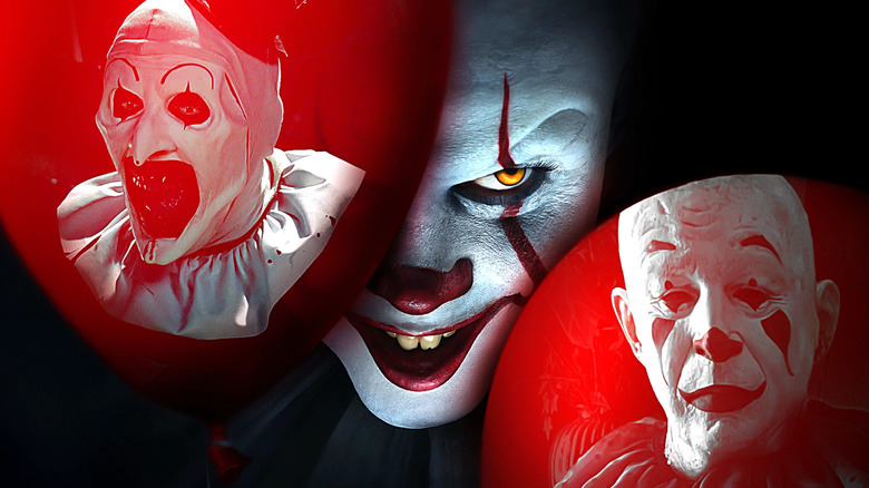 David Howard Thornton as Art the Clown, Bill Skarsgard as Pennywise, and Joe Bandelli as the clown from Hell House LLC