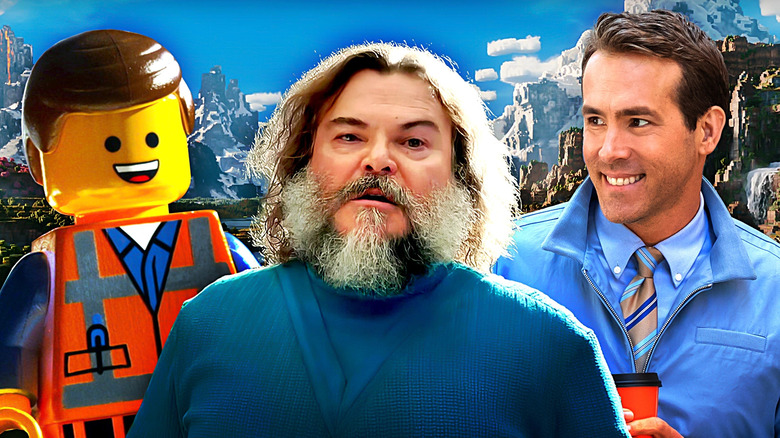 Images of Emmet from the Lego Movie, Guy from Free Guy, and Steve from A Minecraft Movie, all edited together against a backdrop of the Over World