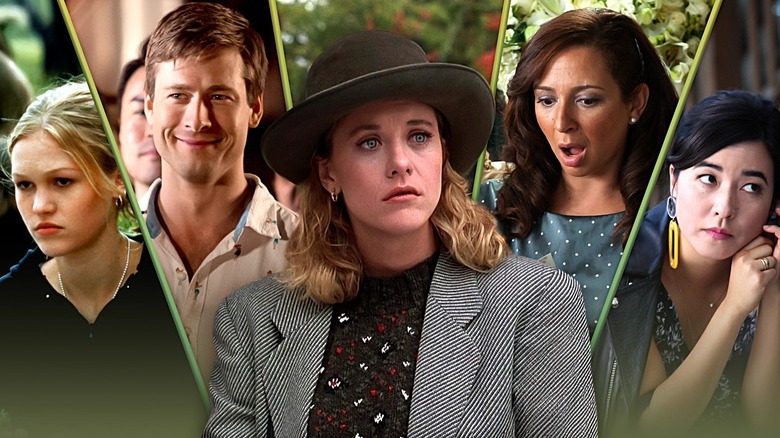 Julia Stiles as Kat in 10 Things I Hate About You, Meg Ryan in When Harry Met Sally, Glen Powell in Set It Up, Maya Rudolph in Bridesmaids, and Maya Erskine in Plus One.