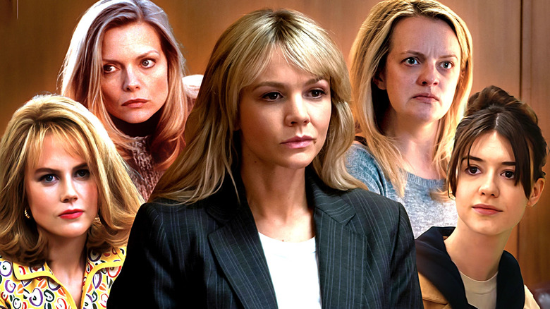 A collage of Cassie Thomas (Carey Mulligan) in Promising Young Woman, Cecilia Kass (Elisabeth Moss) in The Invisible Man, Suzanne Stone-Maretto (Nicole Kidman) in To Die For, Claire Spencer (Michelle Pfeiffer) in What Lies Beneath, and Noa (Daisy Edgar Jones) in Fresh