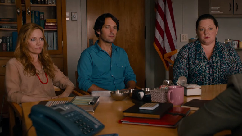 Debbie (Leslie Mann), Pete (Paul Rudd), and Catherine (Melissa McCarthy) in the principal's office in This Is 40