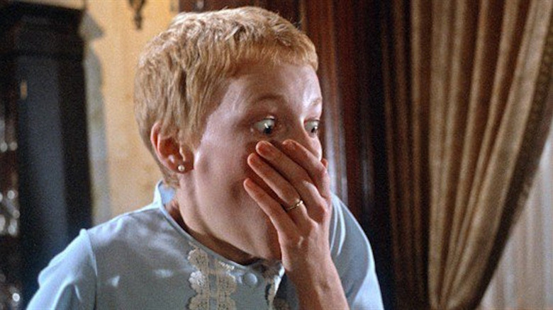 Rosemary (Mia Farrow) gasps in horror in Rosemary's Baby