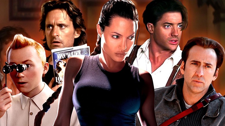 Tintin holds opera glasses from The Adventures of Tintin while standing next to Michael Douglas as Jack Colton from Romancing the Stone, Angelina Jolie as Lara Croft from Lara Croft: Tomb Raider, Brendan Fraser as Rick O'Connell from The Mummy, and Nicolas Cage as Benjamin Gates from National Treasure