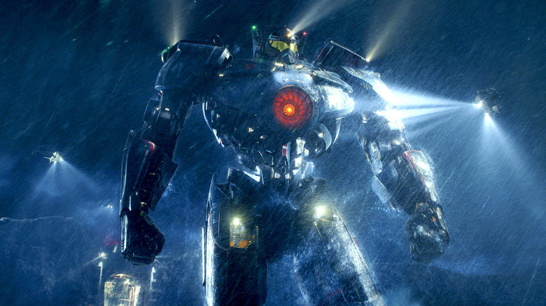 A Jaeger walks through the rain in Pacific Rim