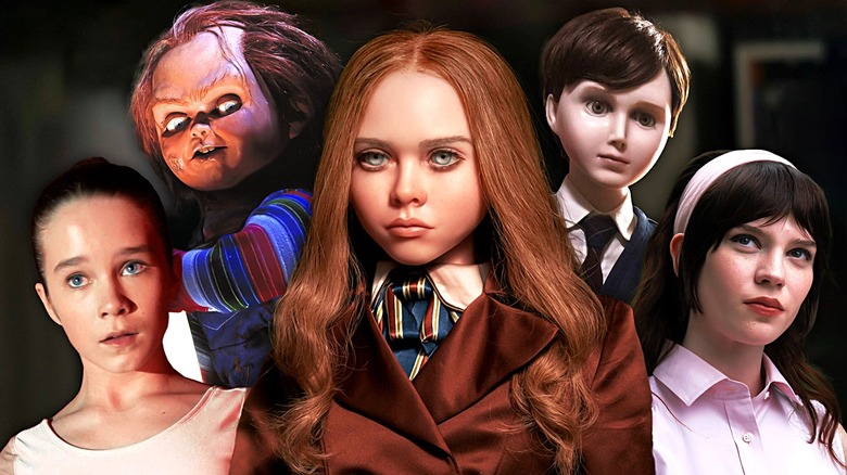Composite image of Alisha Weir's Abigail from Abigail, Chucky from Child's Play (1988), Amie Donald's M3GAN from M3GAN, Brahms from The Boy, and Sophie Thatcher's Iris from Companion