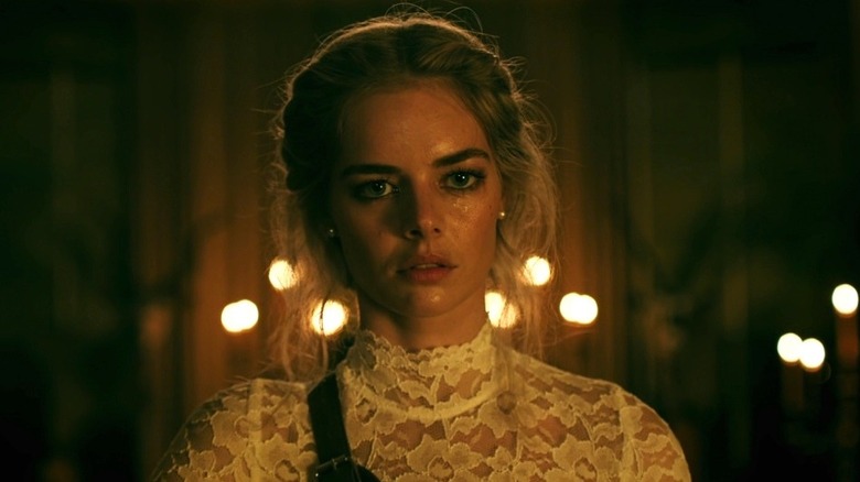 Samara Weaving in wedding dress with tear-soaked face in Ready or Not