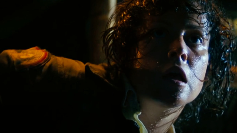 Sigourney Weaver as Ellen Ripley looks scared in Alien