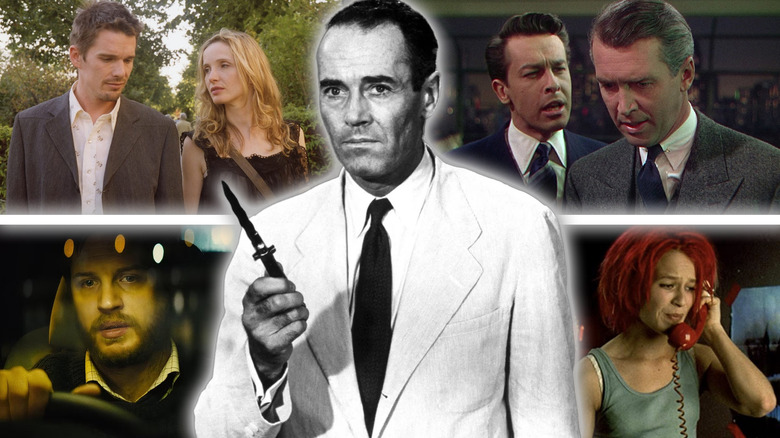 A collage of Juror 8 (Henry Fonda) holding a knife in 12 Angry Men (1957) surrounded by, in clockwise order, Brandon Shaw (John Dall) and Rupert Cadell (James Stewart) in Rope, Lola (Franka Potente) in Run Lola Run, Tom Hardy as Locke driving in Locke, and Jesse (Ethan Hawke) and Céline (Julie Delpy) in Before Sunset
