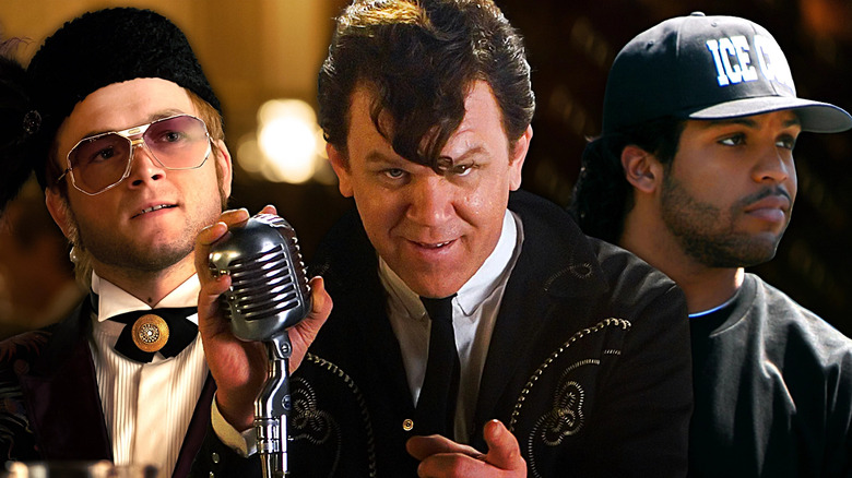 Images of Taron Egerton as Elton John, John C. Reilly as Dewey Cox, and O'Shea Jackson Jr. as Ice Cube edited against a single background