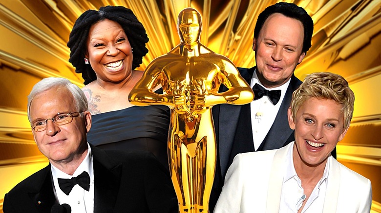Steve Martin, Whoopi Goldberg, Billy Crystal, and Ellen DeGeneres around an Oscar statuette