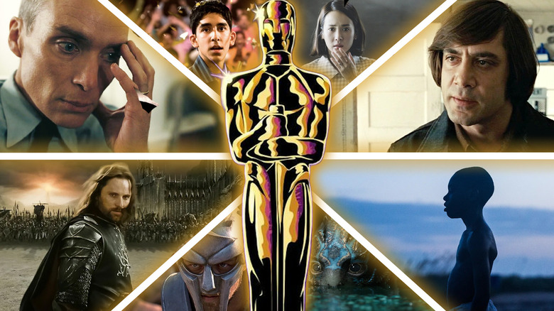An stylized image of an Oscars statue surrounded by shots from Oppenheimer, Slumdog Millionaire, Parasite, No Country for Old Men, Return of the King, Gladiator, Shape of Water, and Moonlight