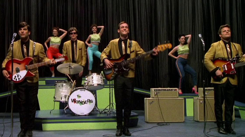 Johnathon Schaech, Steve Zahn, Ethan Embry, and Tom Everett Scott as Jimmy Mattingly, Guy Patterson, T.B. Player, and Lenny Haise after playing their hit songs in front of the Playtone dancers in That Thing You Do!