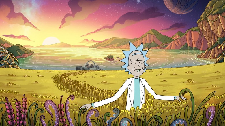 Rick walking through a field on Rick and Morty