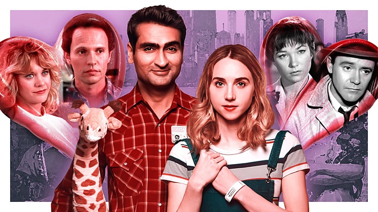 Meg Ryan as Sally Albright and Billy Crystal as Harry Burns in When Harry Met Sally..., Kumail Nanjiani as Kumail and Zoe Kazan as Emily in The Big Sick, and Shirley MacLaine as Fran Kubelik and Jack Lemmon as C.C. "Buddy" Baxter in The Apartment
