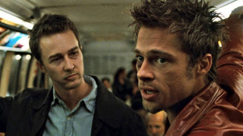 The Narrator (Edward Norton) and Tyler Durden (Brad Pitt) riding the bus in Fight Club